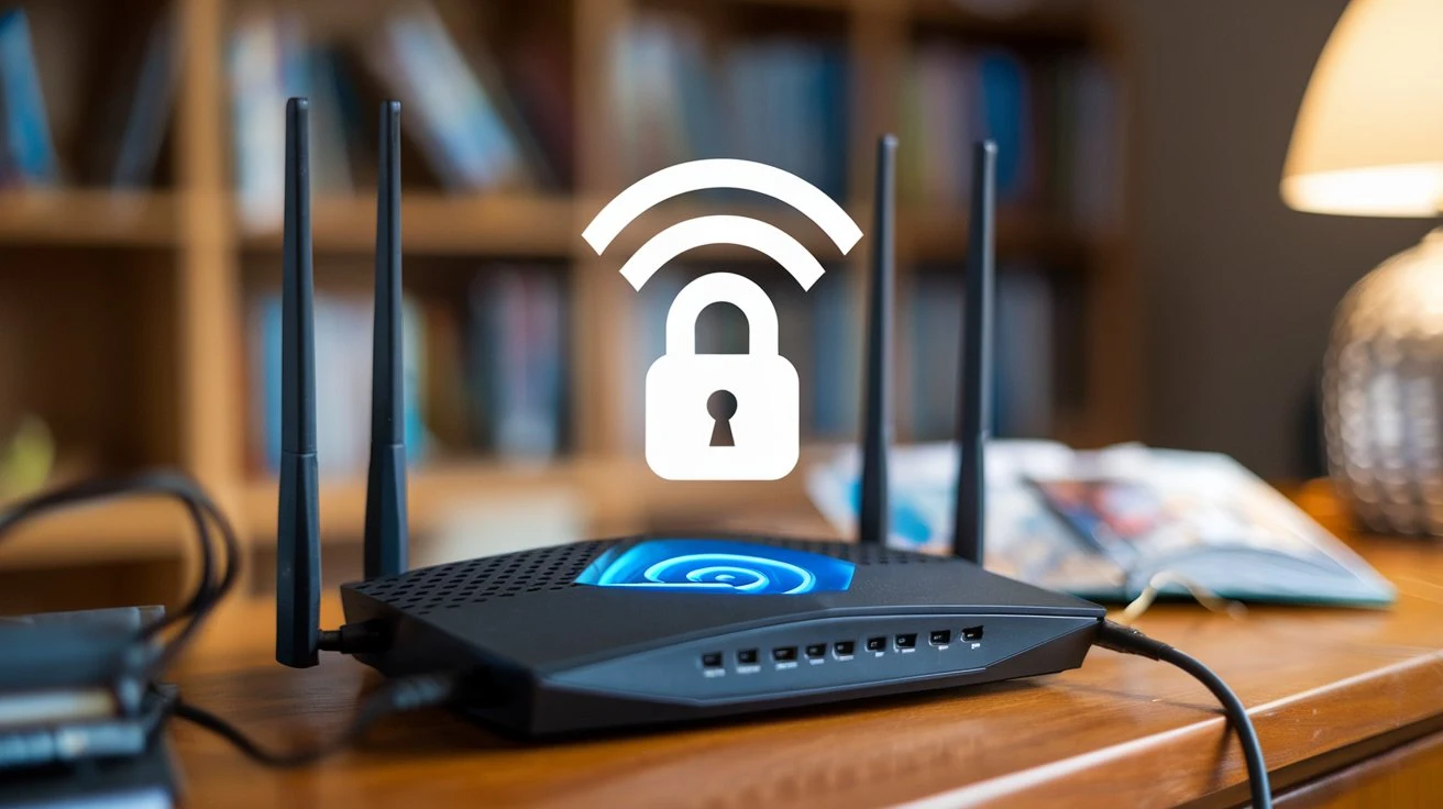  Wi-Fi router with a lock symbol, representing security measures to protect your home network.