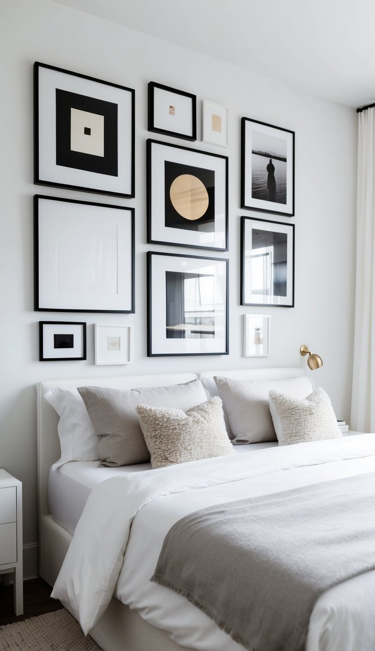 A minimalist white bedroom with a gallery wall featuring 24 white-framed artworks