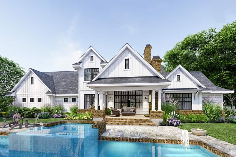 Rear rendering of the two-story 4-bedroom modern farmhouse.