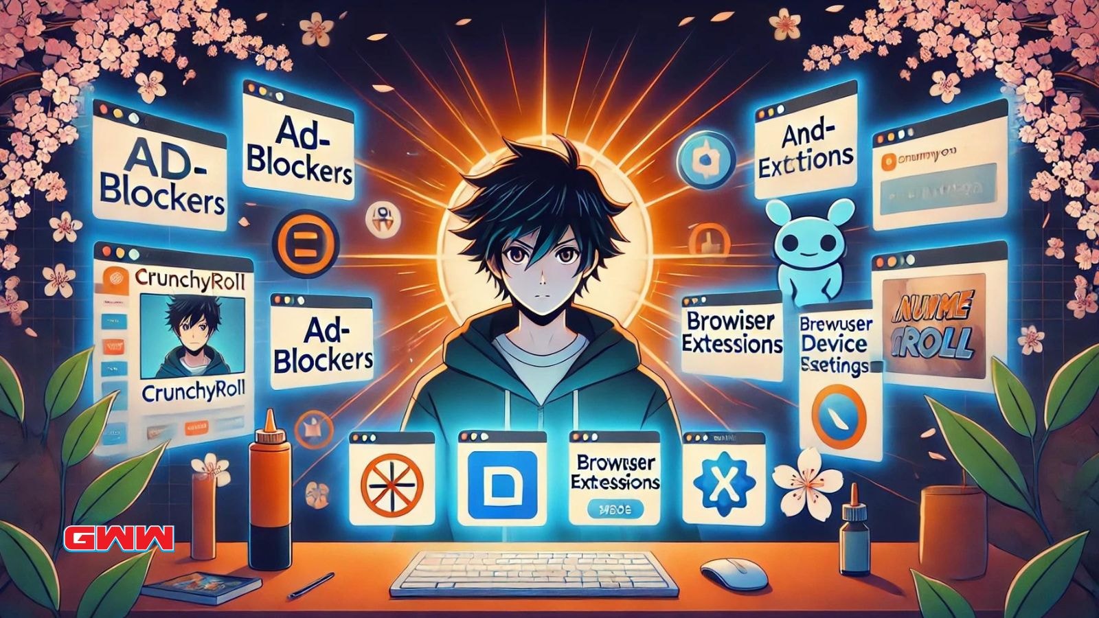 Anime fan using ad blockers with multiple floating browser extension icons.