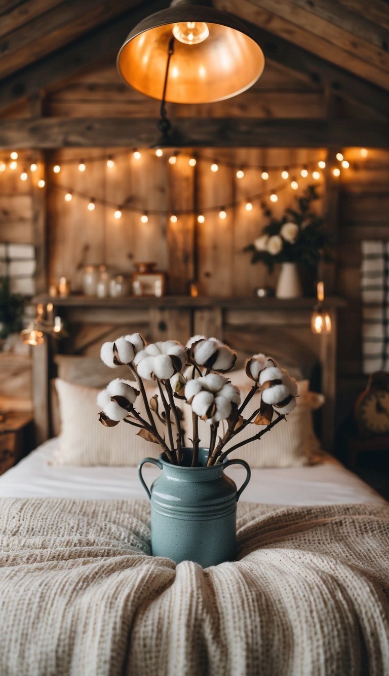 A rustic farmhouse bedroom with a bouquet of cotton stem extract flowers as the focal point, surrounded by cozy decor and warm lighting