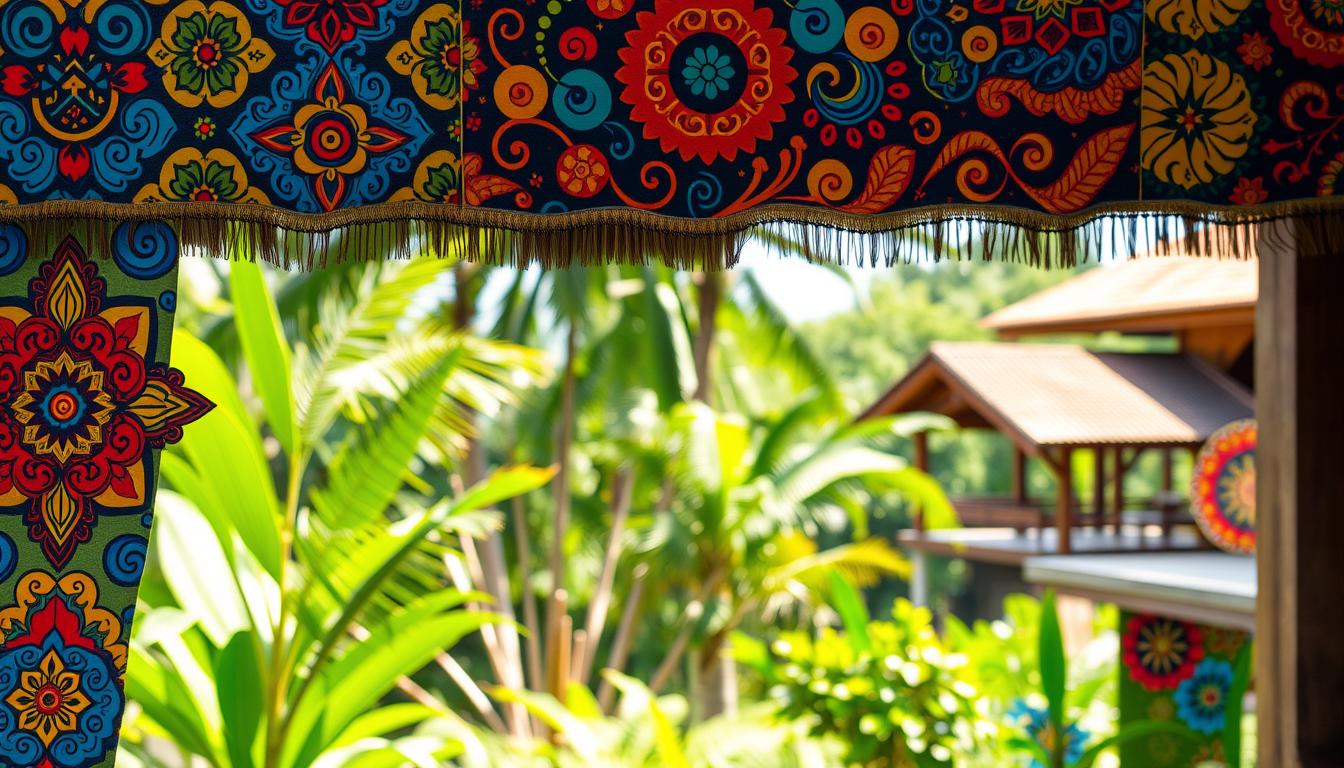 Vibrant batik designs, with intricate patterns and bold colors, against a backdrop of a traditional Malaysian landscape. The foreground features a vibrant array of geometric motifs, swirling shapes, and flowing lines in a rich palette of blues, reds, and yellows, capturing the essence of the Malaysian batik art form. The middle ground showcases the lush, verdant tropical foliage, hinting at the natural inspirations that have influenced the designs. The background reveals a serene, sun-dappled scene, with a traditional Malaysian wooden house or structure, suggesting the cultural context in which these stunning batik patterns have been created and cherished. The overall image exudes a sense of harmony, tradition, and the vibrant spirit of Malaysian artistry.