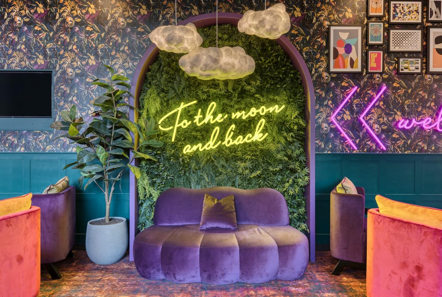 A purple couch in a room with plants and lights Description automatically generated