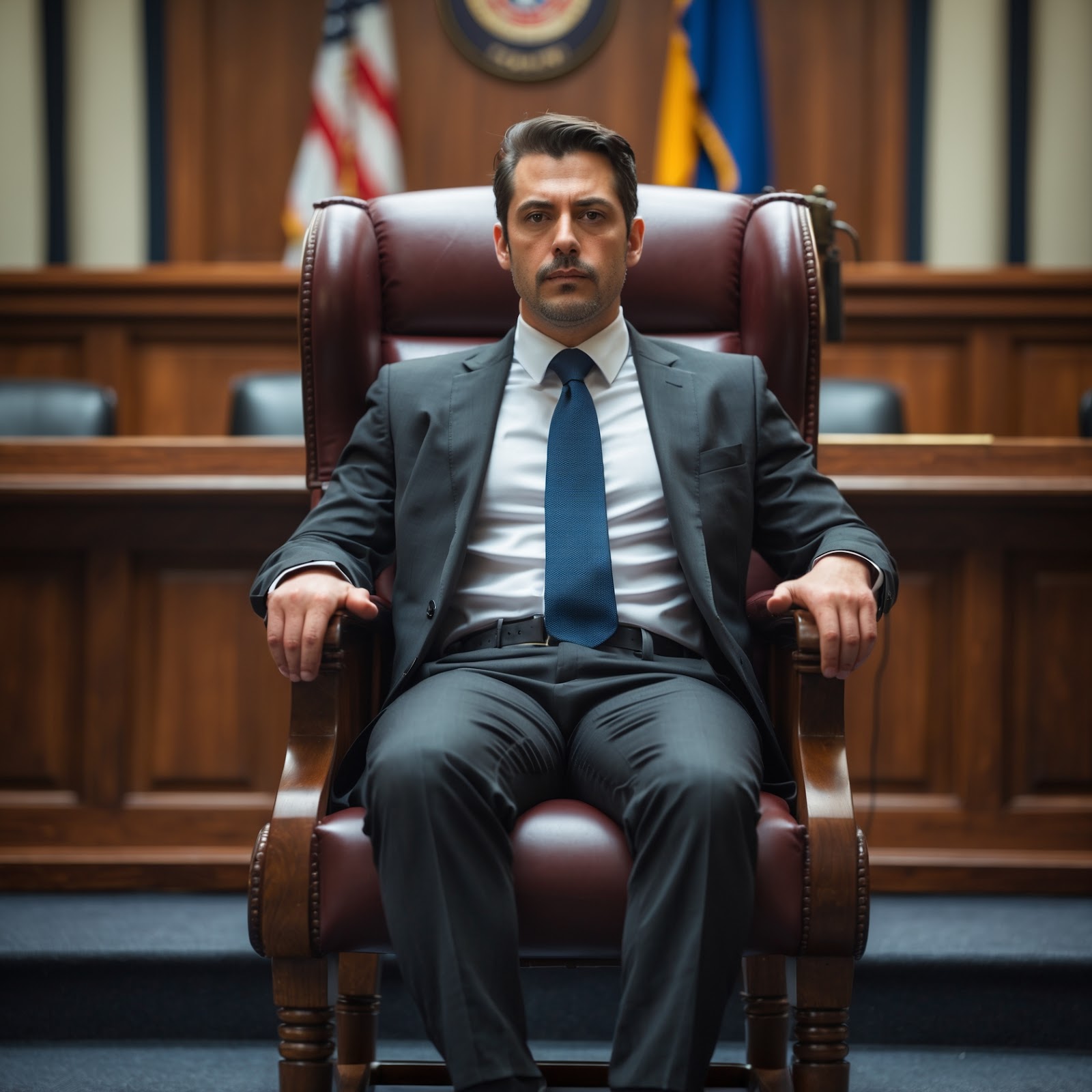 A courtroom setting where a man is sitting in the judge's chair, symbolizing that he is the only one who decides his value – Reinforcing that no one else gets to determine his worth.