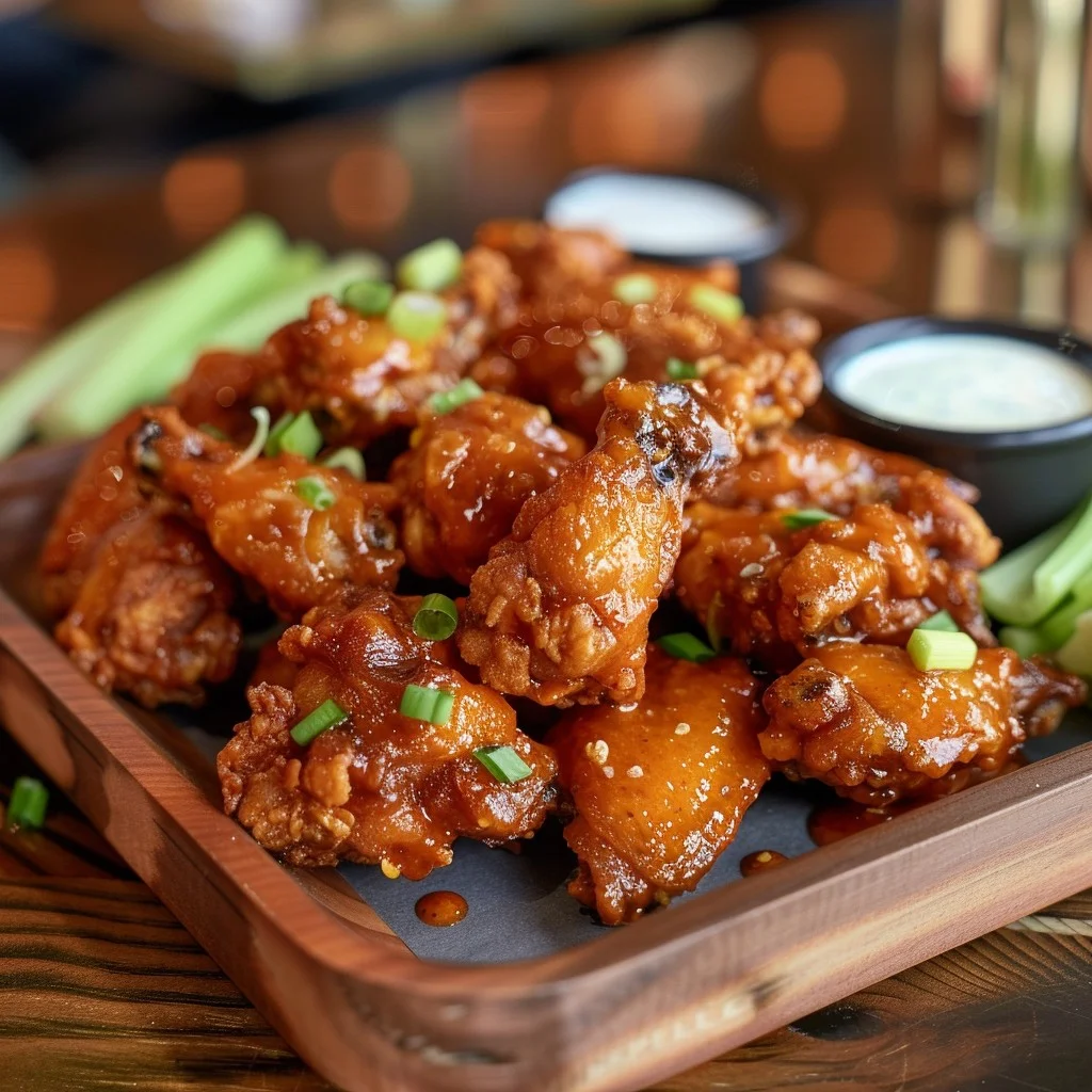 This mouth-watering photo captures a platter of crispy tsp's chicken generously coated in a rich, spicy glaze. The wings are perfectly accompanied by fresh, crunchy celery sticks and two types of creamy dipping sauces served on the side. The setting suggests a cozy, inviting ambiance, perfect for enjoying a savory treat. This dish exemplifies a classic appetizer or meal that tempts the taste buds and invites you to dig in.