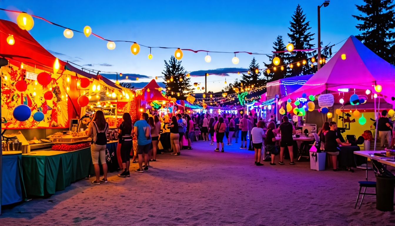 Vibrant outdoor festival in Edmonton with food vendors and live music.