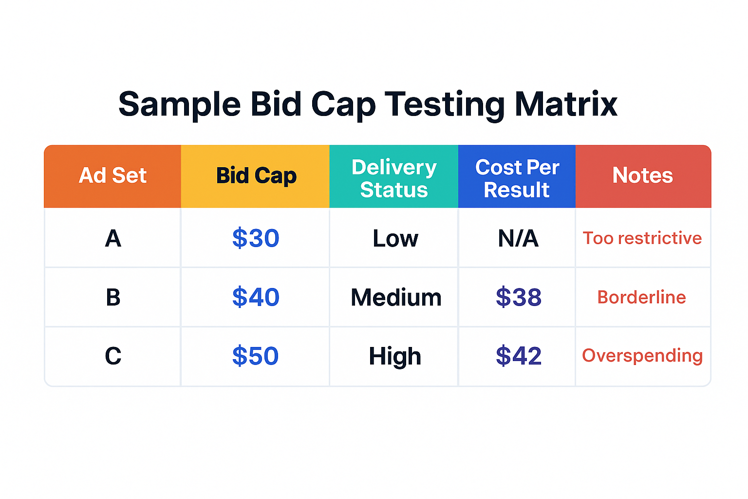 Table showing three ad sets with different bid caps, delivery statuses, costs per result, and notes for bid testing
