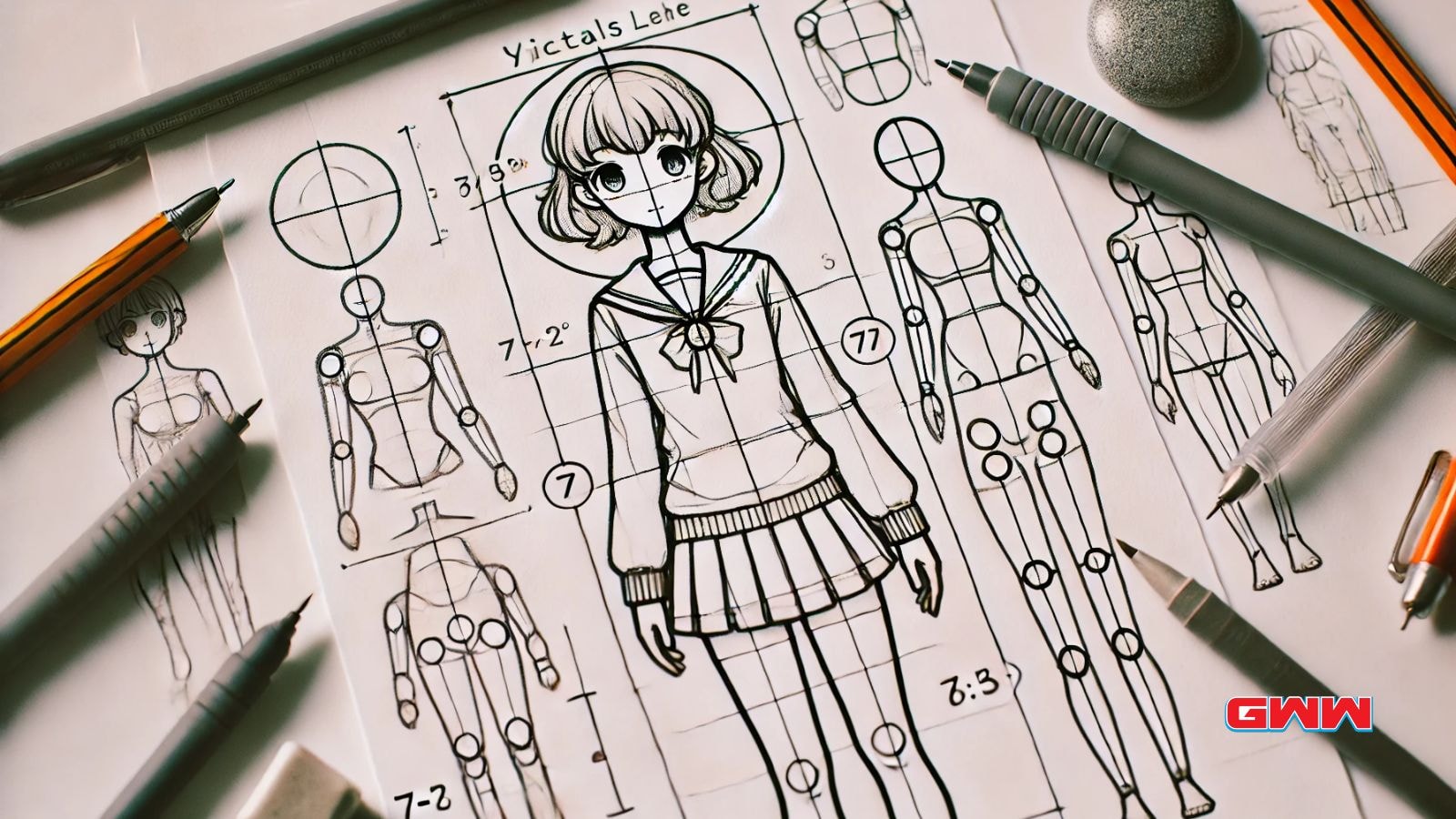 Anime girl full body drawing with guidelines for proportions and annotations