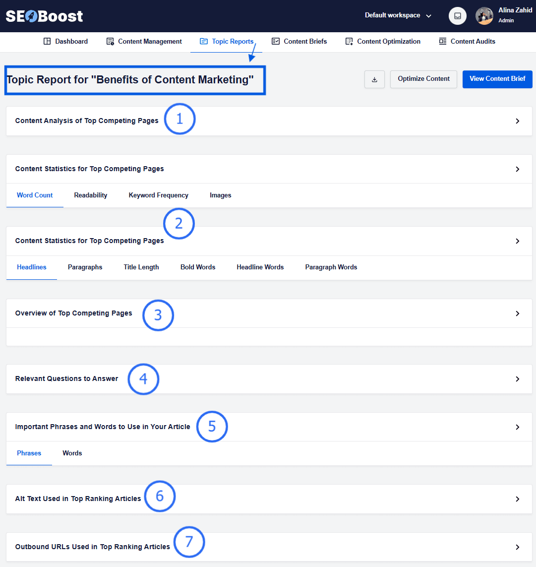 A snapshot of the 7 types of reports shown in SEOBoost's Topic Reports feature