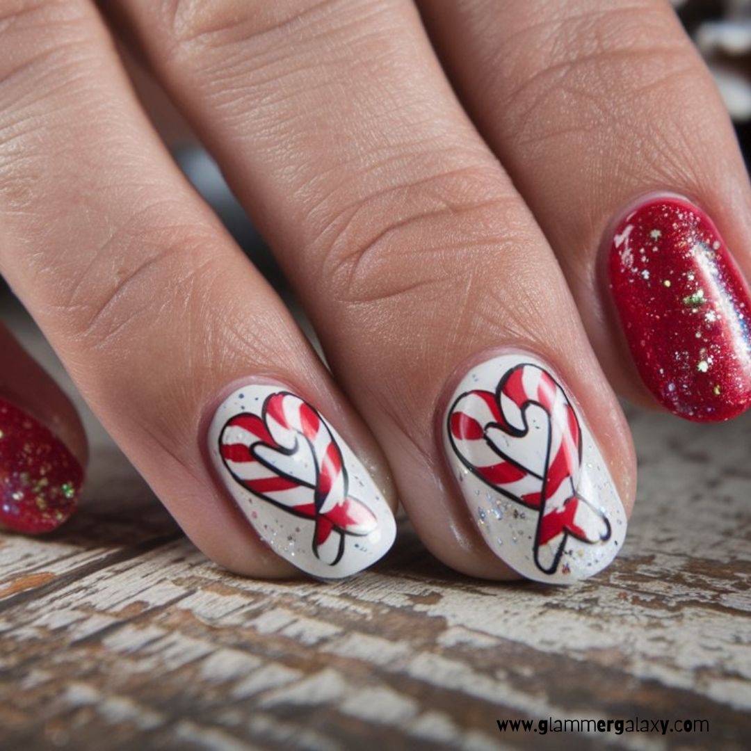 Christmas holiday Nails having Candy Cane Heart
