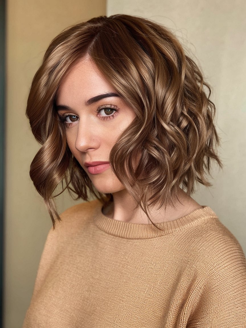 76. Warm Caramel Wavy Bob with Soft Curls