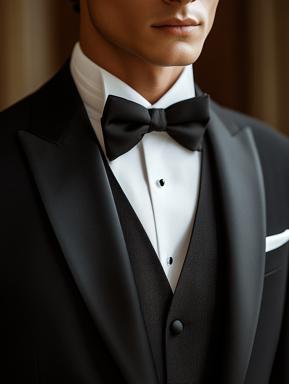 Close-up of a sharp, dapper tuxedo for a formal homecoming or event. The tuxedo is either classic black or white, with a sleek, tailored fit. The look is elegant and bold, with minimal accessories, allowing the tuxedo to stand out. The outfit features a crisp white dress shirt, a satin lapel, and black patent leather shoes. The focus is on the refined simplicity of the tuxedo, showcasing a true gentleman’s style.