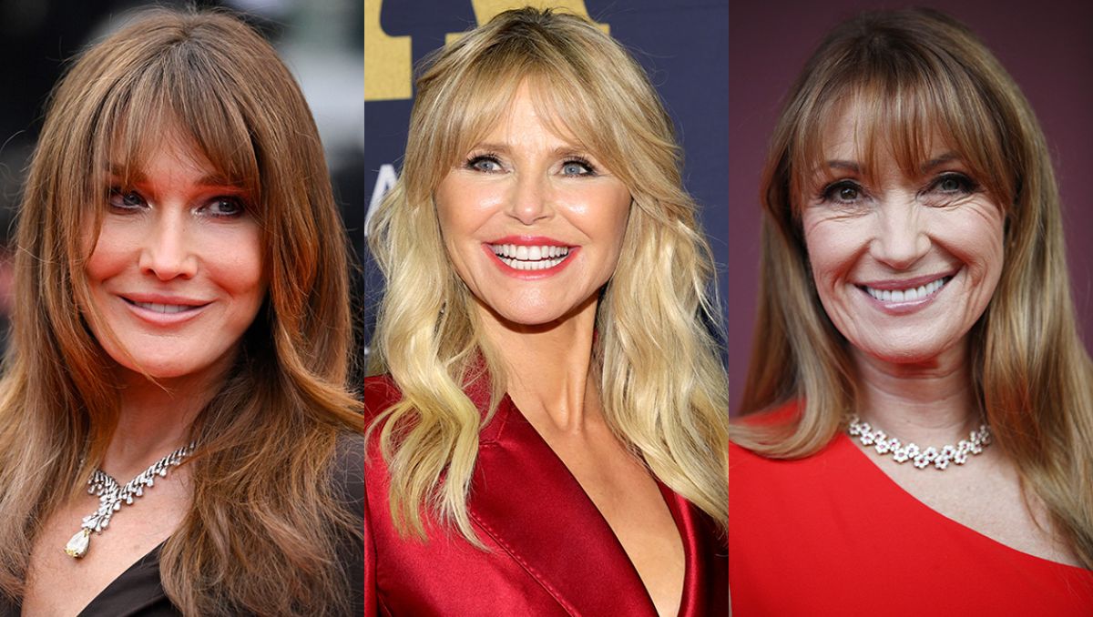 Three women showcase straight hair with soft layering and blunt bangs, each adorned with unique necklaces and distinct hair colors.