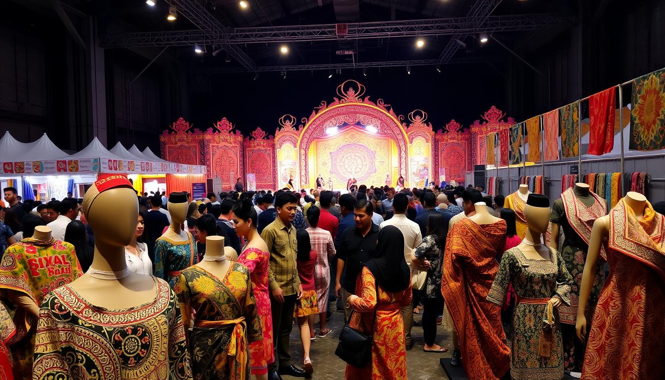 An extravagant showcase of vibrant batik designs at the Batik Lestari Festival. In the foreground, intricate batik fabrics and garments are displayed on elegant mannequins, showcasing the rich cultural heritage and artistry of Malaysian batik. In the middle ground, a bustling crowd of visitors admires the captivating patterns and colors, immersing themselves in the festival's lively atmosphere. The background features a grand stage adorned with traditional motifs, where skilled batik artisans demonstrate their techniques, inviting the audience to appreciate the time-honored craft. Soft, warm lighting casts a cozy ambiance, highlighting the festival's celebratory mood and the community's pride in their cultural traditions.
