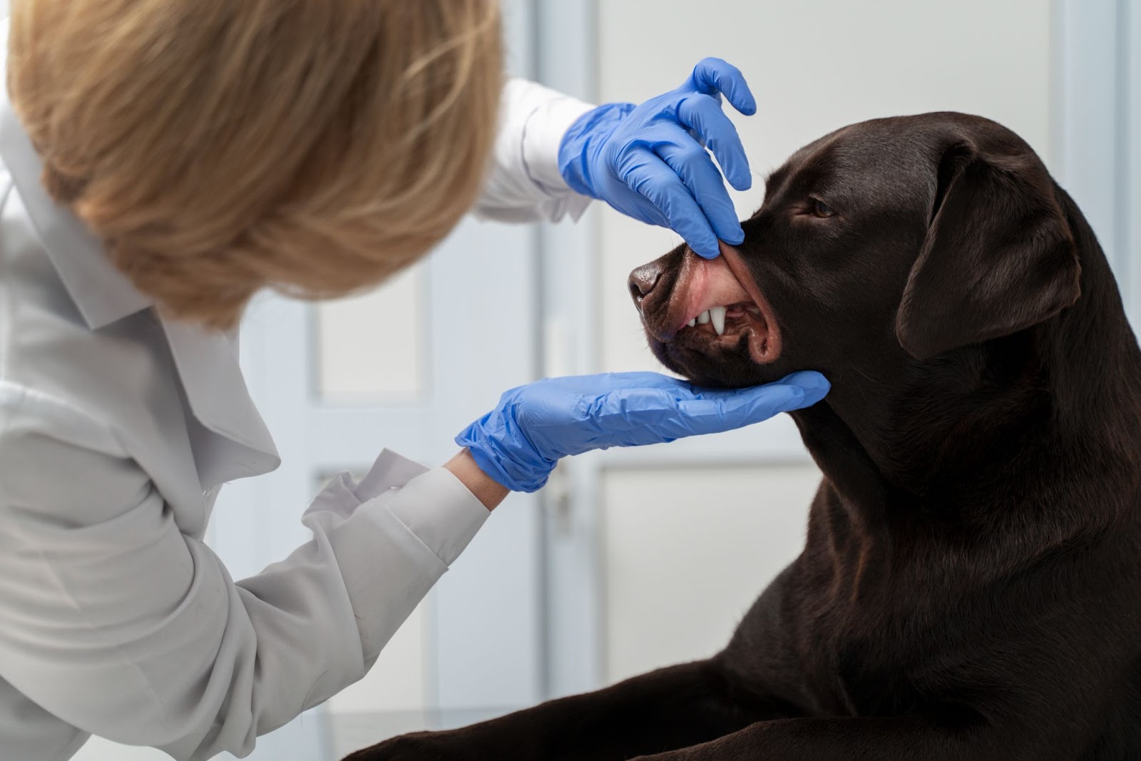 Perro en consulta veterinaria cubierta por seguro para mi mascota.