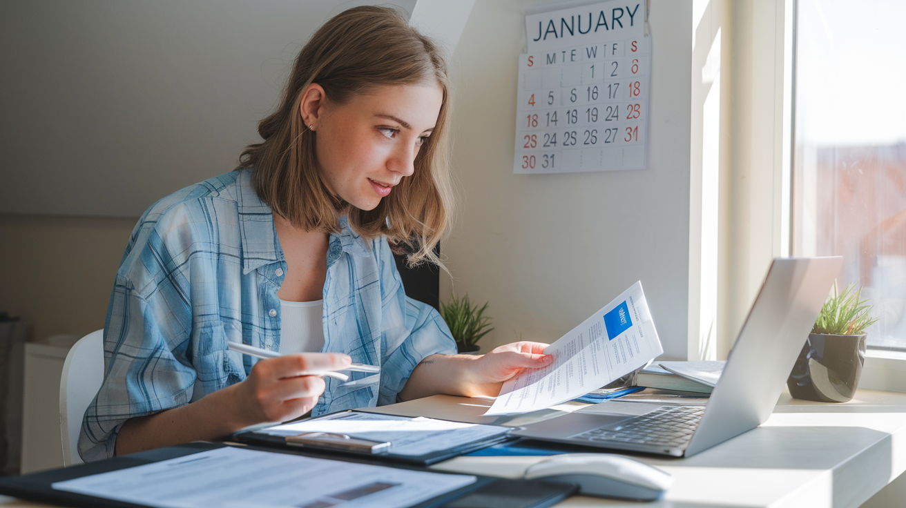Create a realistic image of a young white female in her early 20s, dressed in casual attire, sitting at a desk with a laptop open, reviewing health insurance documents and a health allowance card. A calendar on the wall shows January, emphasizing an early start. Soft morning light streams through a nearby window, creating a sense of motivation and proactivity.