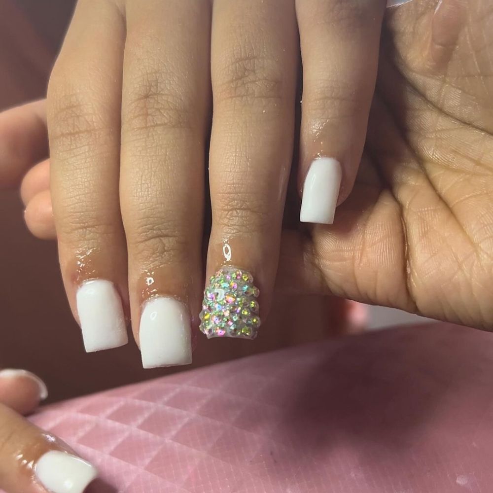 Simple White Nail Design having Bling white Nails