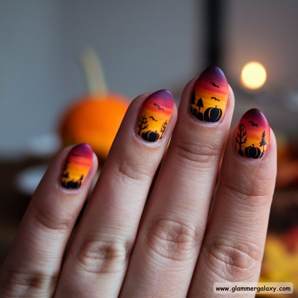 Thanksgiving Nail Designs having Harvest-Themed Sunset Nail Art
