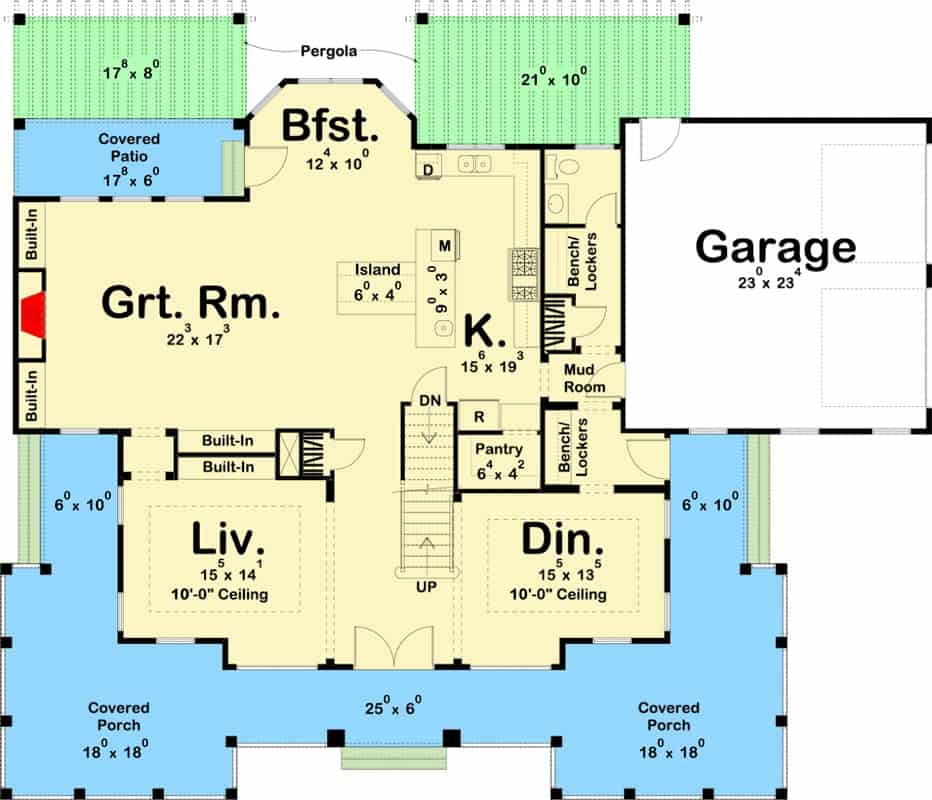 Main level floor plan of a 4-bedroom two-story country home with foyer, living room, dining room, great room, kitchen, breakfast nook, mudroom leading to the garage, and a wraparound porch.