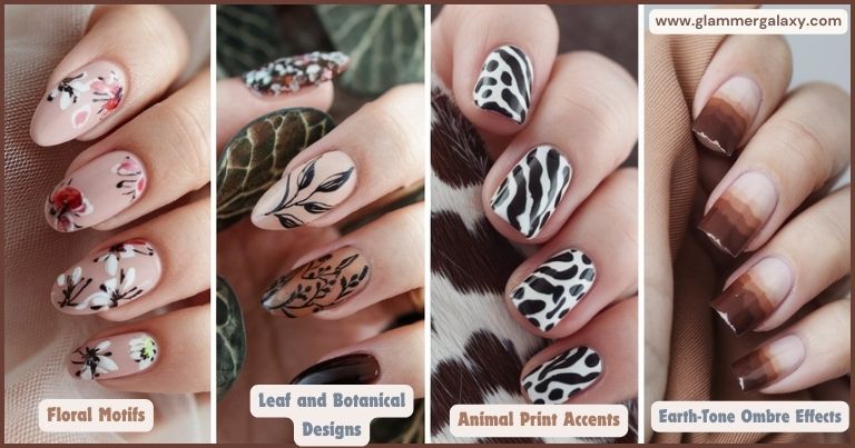 Image showcasing four different nail art designs: floral motifs, leaf and botanical designs, animal print accents, and earth-tone ombre effects.