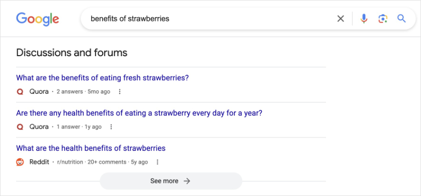 Discussions and forums results on Google for the query benefits of strawberries.