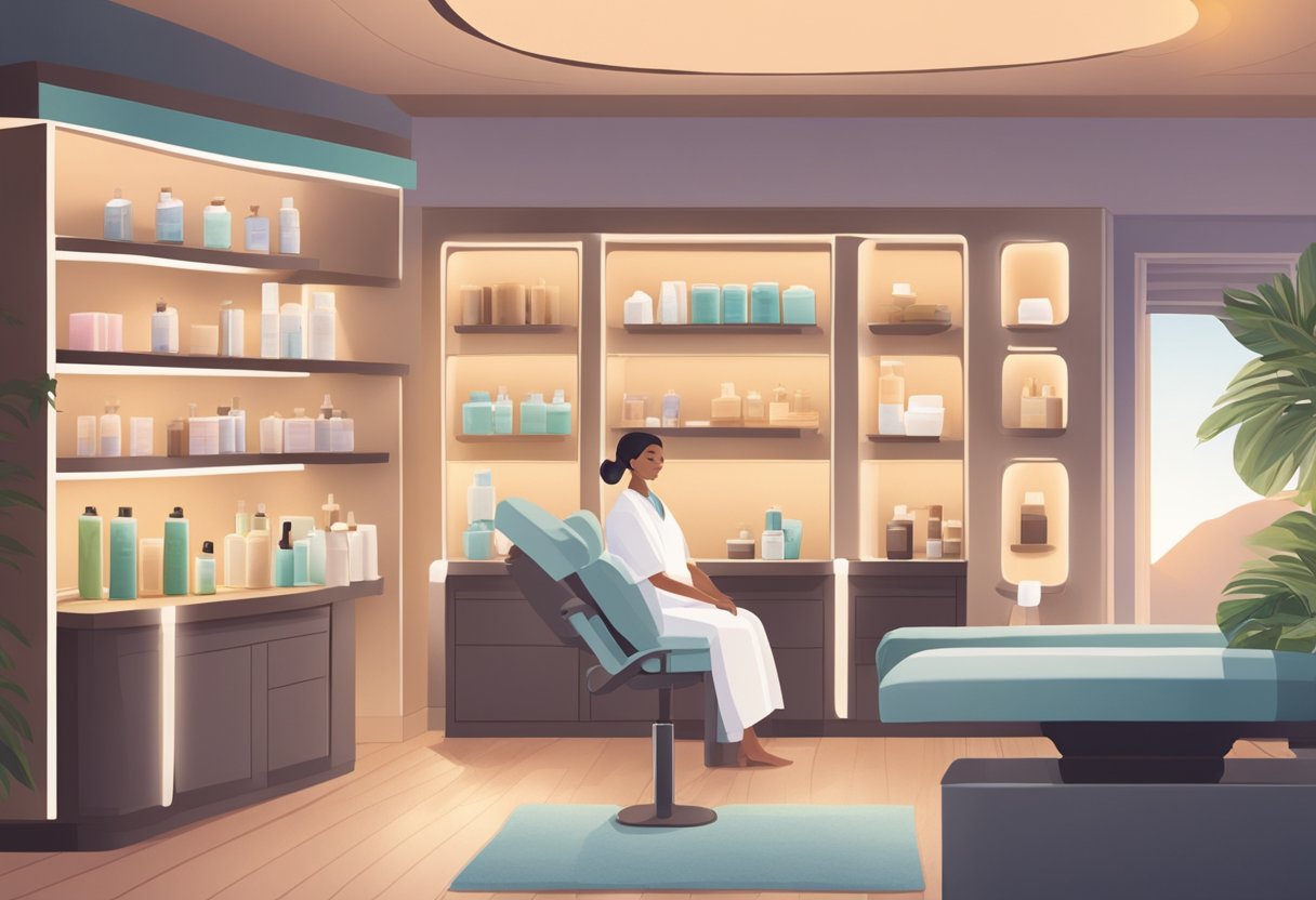 A serene spa room with soft lighting, a massage table, and shelves stocked with skincare products. A technician performs a hair removal treatment while another prepares anti-aging products