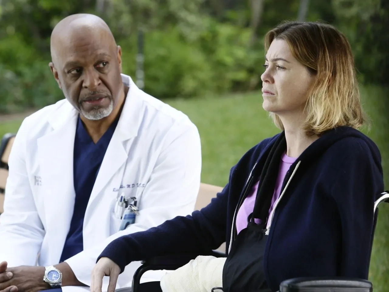 Meredith y Richard conversan a las afueras del hospital.