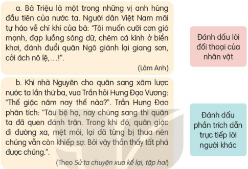 BÀI 22. SỰ TÍCH ÔNG ĐÙNG, BÀ ĐÙNGKHỞI ĐỘNGCâu hỏi: Quan sát tranh minh họa và cho biết hai người trong tranh đang làm gì?Giải nhanh:Hai người trong tranh đang dời núi, san đất cho bằng phẳng.ĐỌCCâu 1: Ông Đùng, bà Đùng có điều gì khác thường về ngoại hình?Giải nhanh:  Cao lớn khác thường.Câu 2: Kể lại những việc ông bà Đùng đã làm khi chứng kiến cảnh đất hoang, nước ngập.Giải nhanh:Nhổ cây, san đất, làm thành cánh đồng bằng phẳng, rộng rãi, lấy chỗ cho dân ở và cấy cày. Làm một đường dẫn nước đi tránh để nước tràn lênh lángCâu 3: Việc làm của ông bà Đùng đã đem lại kết quả như thế nào?Giải nhanh: Nước đã chảy thành dòng, vượt qua đổi núi, đổ về xuôi. Đó chính là con sông Đà ngày nay.Câu 4: Theo em, ông Đùng, bà Đùng có những phẩm chất tốt đẹp nào?Giải nhanh: Thương người, luôn lo nghĩ cho nhân dân, có tấm lòng lương thiện và tốt bụng.Câu 5: Câu chuyện đã giải thích điều gì về con sông Đà ngày nay?Giải nhanh: Lí do  con sông Đà ngày nay ngoằn ngoèo, có tới “trăm bảy mươi thác, trăm ba mươi ghềnh”.VIẾTÔn chữ viết hoa YCâu 1: Viết tên riêng: Nam YếtGiải nhanh: HS tự thực hiện vào vở.Câu 2: Viết câu: Đảo Nam Yết thuộc quần đảo Trường Sa của Việt Nam.Giải nhanh: HS tự thực hiện vào vở.LUYỆN TỪ VÀ CÂUCâu 1: Dấu ngoặc kép trong mỗi câu dưới đây dùng để làm gì?Giải nhanh: Đoạn a: Đánh dấu phần trích dẫn lời người khác.Đoạn b: Đánh dấu lời đối thoại của nhân vật.Câu 2: Chọn dấu ngoặc kép hoặc dấu gạch ngang thay cho ô vuông.a. Gặp vua, Quốc Toản quỳ xuống tâu:∎Cho giặc mượn đường là mất nước. Xin bệ hạ cho đánh! Nói xong, cậu tự đặt thanh gươm lên gáy, xin chịu tội. Vua cho Quốc Toản đứng dậy, ôn tồn bảo:∎Quốc Toản làm trái phép nước, lẽ ra phỏi trị tội. Nhưng còn trẻ mà đỡ biết lo việc nước, ta có lời khen.(Theo Nguyễn Huy Tưởng)b. Năm 1285, giặc Nguyên sang cướp nước ta. Trần Bình Trọng, danh tướng đời Trần, chỉ huy một cánh quân, không may sa vào tay giặc. Giặc dụ dỗ ông đầu hàng, hứa phong tước vương cho. Trần Bình Trọng khảng khái trả lời: ∎Ta thà làm ma nước Nam chứ không thèm làm vương đất Bắc.∎.(Theo Tiếng Việt 3, tập hai, 2006)Giải nhanh:a. Gặp vua, Quốc Toản quỳ xuống tâu:- Cho giặc mượn đường là mất nước. Xin bệ hạ cho đánh! Nói xong, cậu tự đặt thanh gươm lên gáy, xin chịu tội. Vua cho Quốc Toản đứng dậy, ôn tồn bảo:- Quốc Toản làm trái phép nước, lẽ ra phỏi trị tội. Nhưng còn trẻ mà đỡ biết lo việc nước, ta có lời khen.(Theo Nguyễn Huy Tưởng)b. Năm 1285, giặc Nguyên sang cướp nước ta. Trần Bình Trọng, danh tướng đời Trần, chỉ huy một cánh quân, không may sa vào tay giặc. Giặc dụ dỗ ông đầu hàng, hứa phong tước vương cho. Trần Bình Trọng khảng khái trả lời:  Ta thà làm ma nước Nam chứ không thèm làm vương đất Bắc.