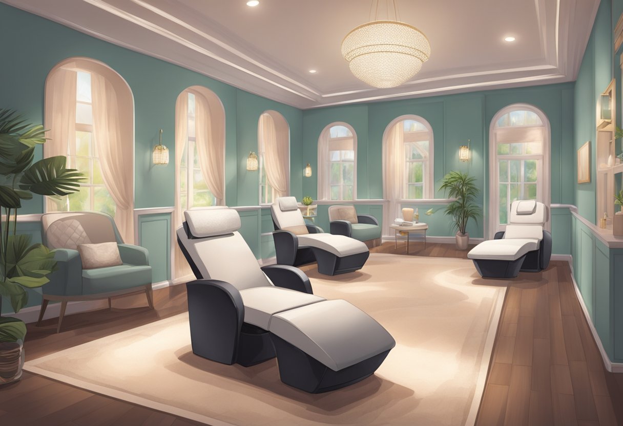 A serene spa room with plush chairs and soft lighting, where a skilled technician meticulously applies delicate eyelash extensions to a client's lashes