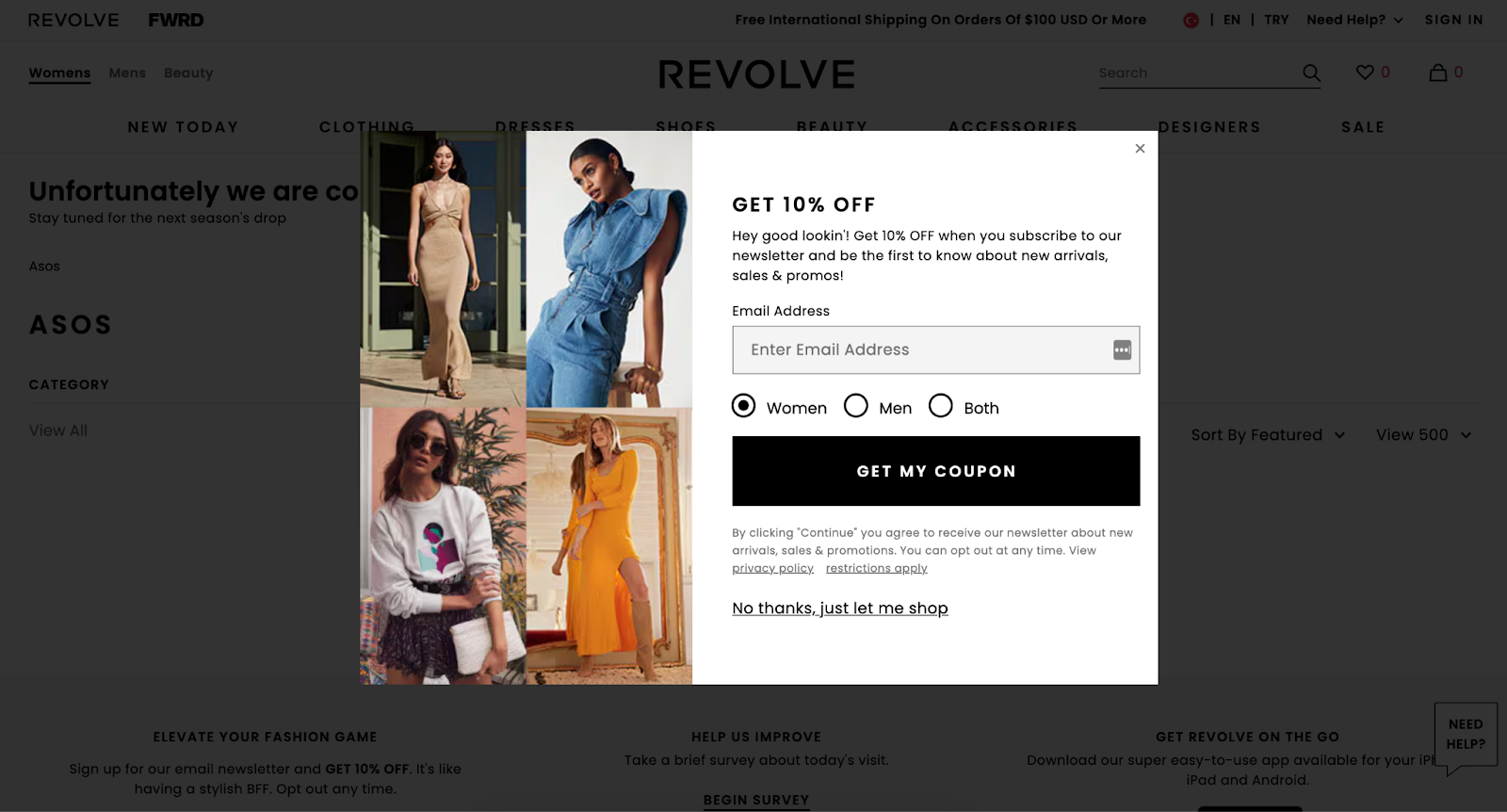 Screenshot of Revolve's website with a discount popup.