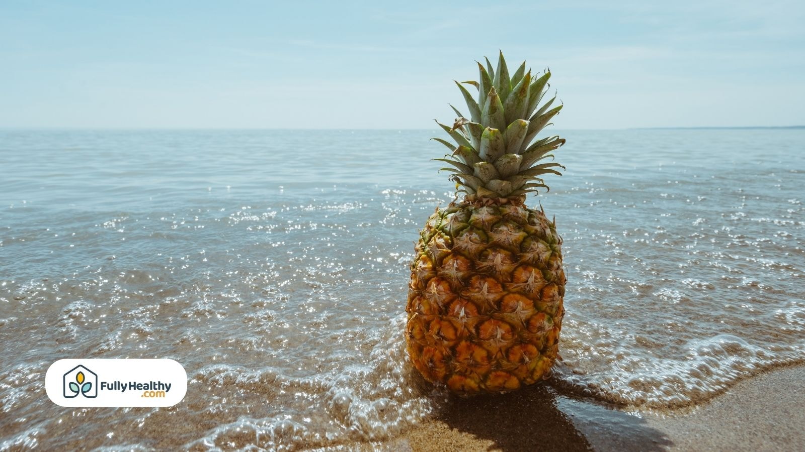 Whole pineapple standing on sandy beach shoreline with ocean waves