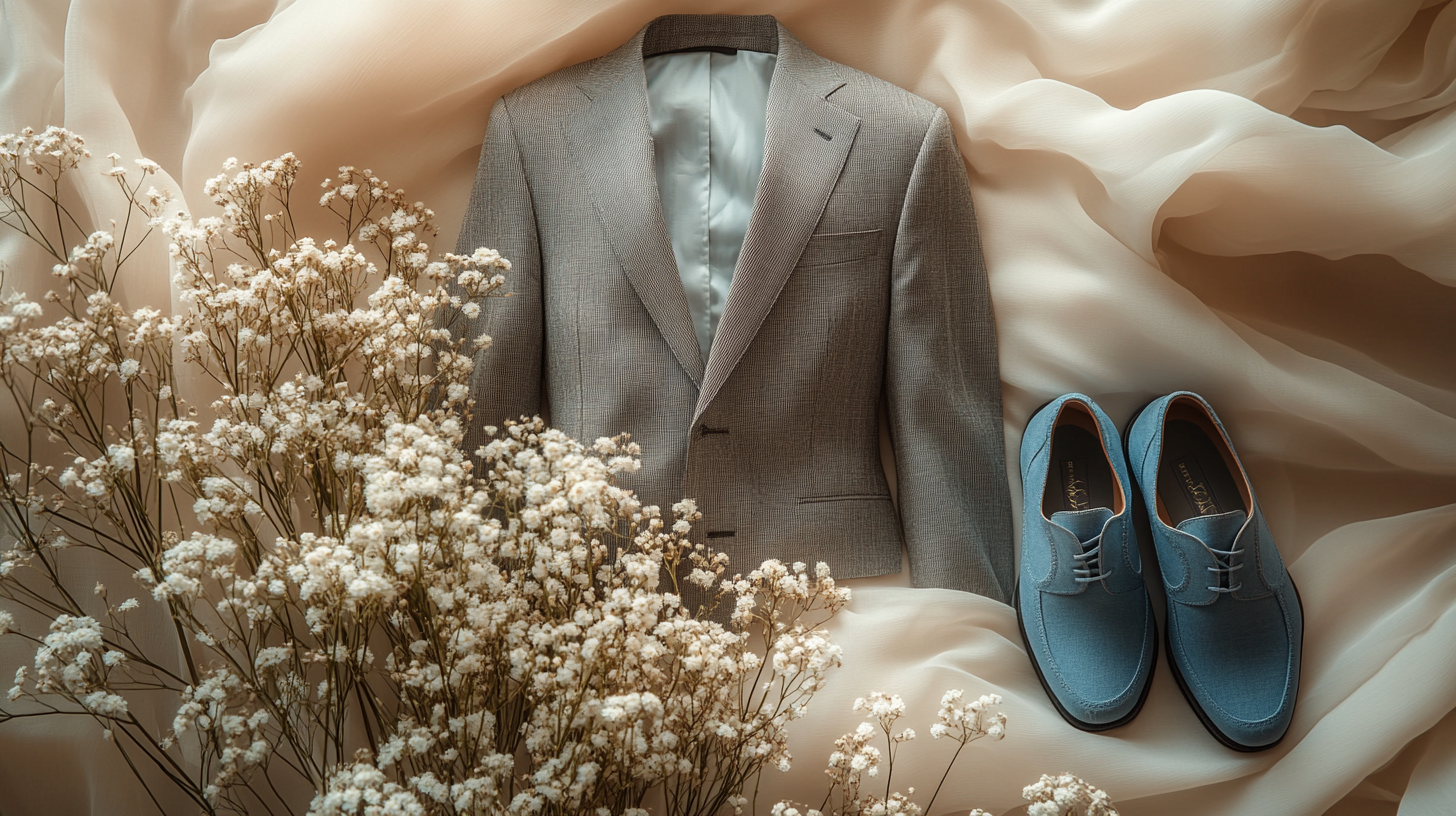 A gray suit, delicately and neatly laid flat on a soft, a little flowing white fabric, creating a balanced composition. Beside the gray suit is a pair of blue shoes placed with care, add some aesthetic display like dried flowers. The scene is softly illuminated with cool white lighting, casting gentle shadows that enhance the minimalist, aesthetic vibe.