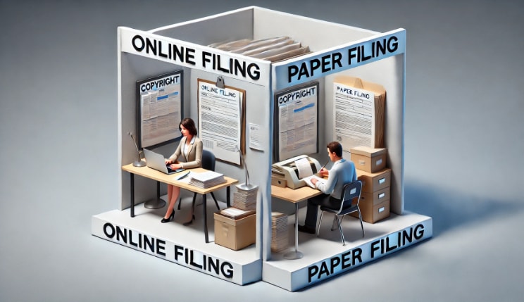 Comparison of online and paper copyright filing in a split office setup.