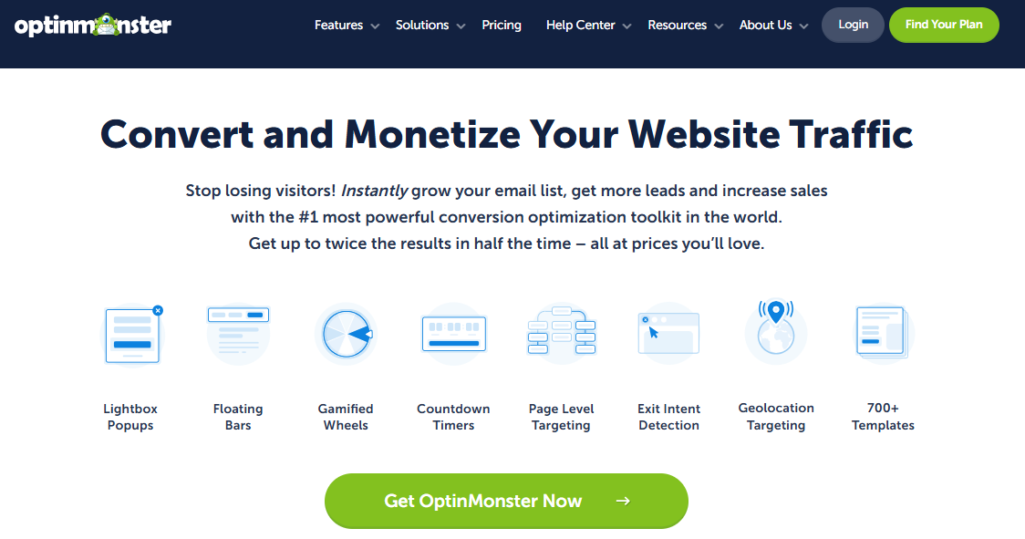A snapshot of the homepage of OptinMonster