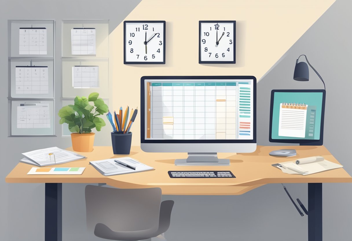 A desk with a computer, papers, and a calendar. A clock on the wall. A flowchart and a checklist on the desk