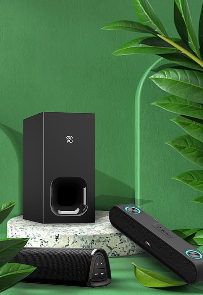 soundbar with woofers have gosurround 850 and gosurround 200 with green background