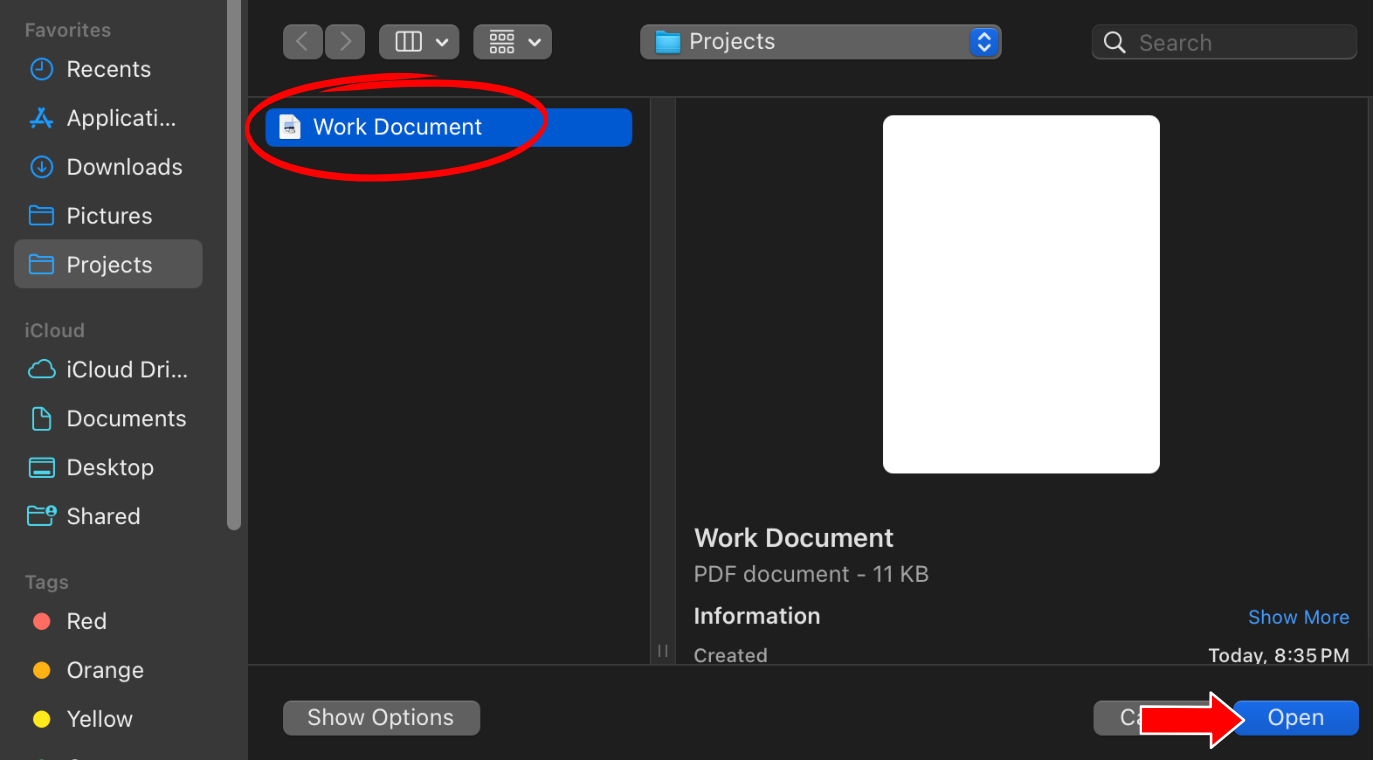 Selecting the pdf document to send for signing
