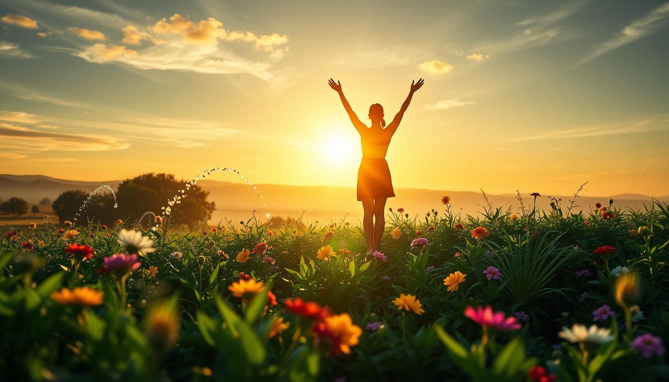 A serene landscape featuring a radiant sunrise over a peaceful garden, symbolizing hope and transformation. In the foreground, lush greenery and vibrant flowers bloom, representing growth and manifestation. Ethereal light particles gently swirl around, signifying energy and intention. In the background, a silhouette of a female figure standing confidently, with arms raised towards the sky, embodying empowerment and belief. The entire scene is enveloped in a soft, dreamlike atmosphere.