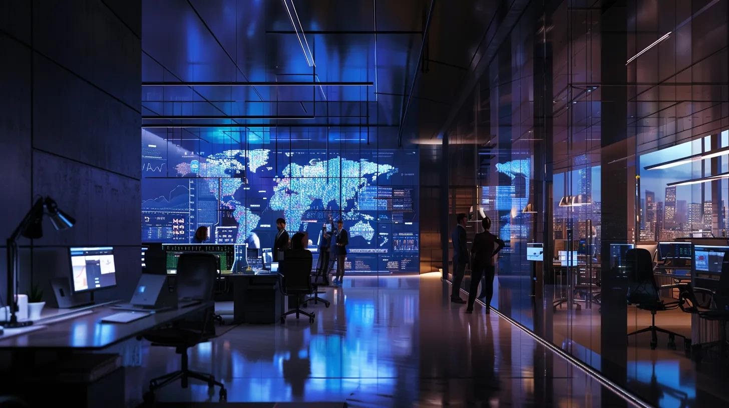 a sleek, modern office workspace is bustling with activity as professionals engage in discussions around a large digital screen displaying dynamic seo analytics and trending web technologies, highlighting the importance of staying ahead in the rapidly evolving landscape of web development.