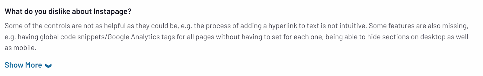 Screenshot of a user review for Instapages' lack of features