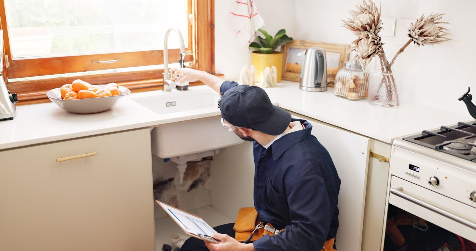 Plumber examining a sink and holding a clipboard. 