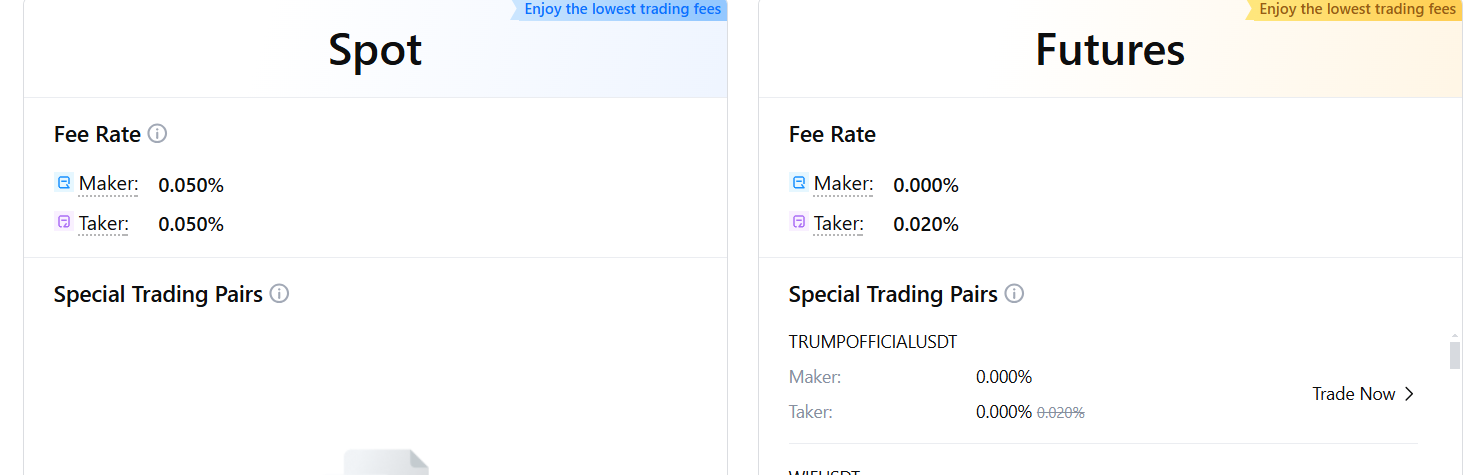 MEXC spot and futures trading fees dashboard 