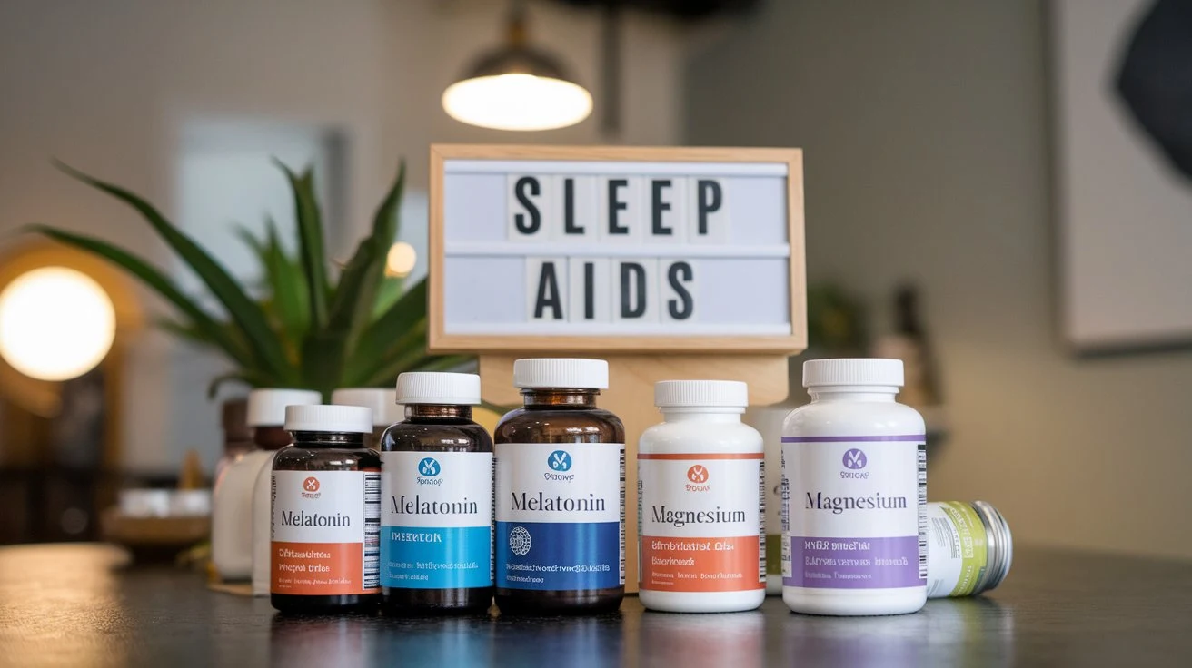 A selection of sleep supplements, including melatonin and magnesium, displayed on a counter.