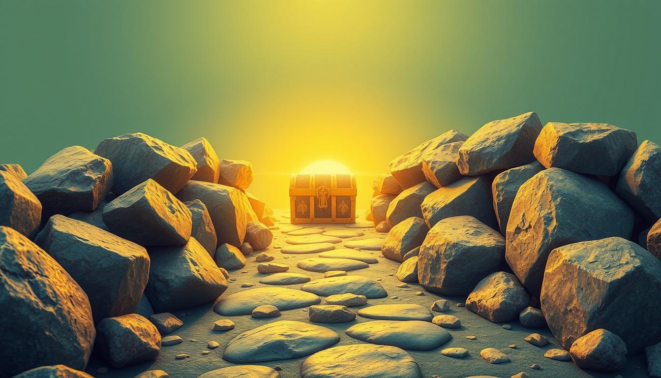 A pile of heavy boulders blocking a clear pathway towards a shining golden treasure chest. The boulders are made up of various money blocks such as fear, self-doubt, scarcity mindset, and limiting beliefs. The treasure chest represents the abundance of financial prosperity that an individual can attain once they successfully overcome their money blocks. Use vibrant colors and contrasting textures to emphasize the weight and immovability of the boulders and the brilliance of the treasure chest.