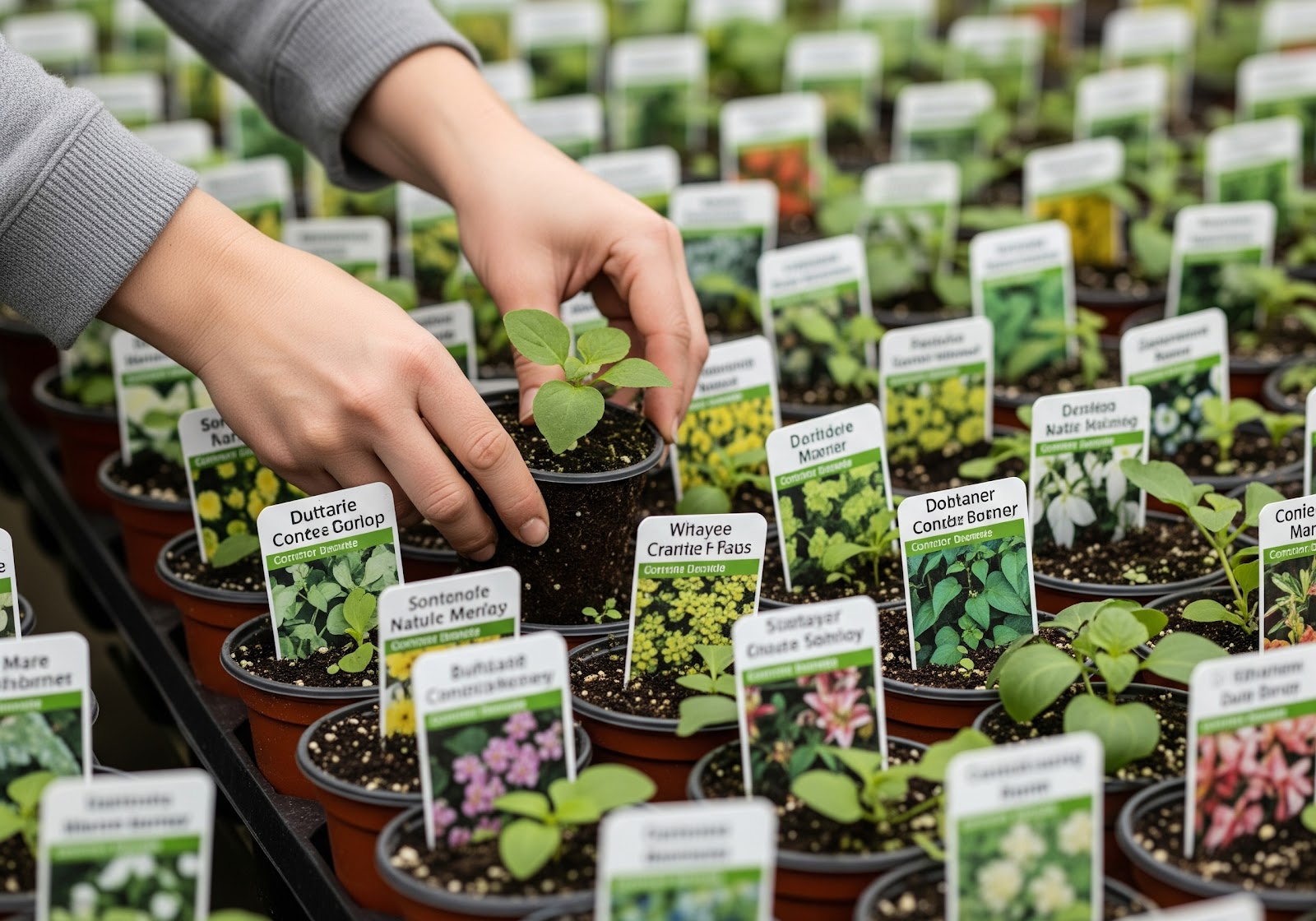 Mãos selecionando pequenas mudas de plantas em um viveiro, com rótulos indicando espécies adequadas para vasos.