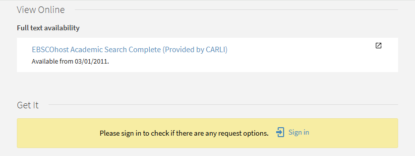 Screenshot of the UIS Library Search showing "View Online" with a link to database to access an article