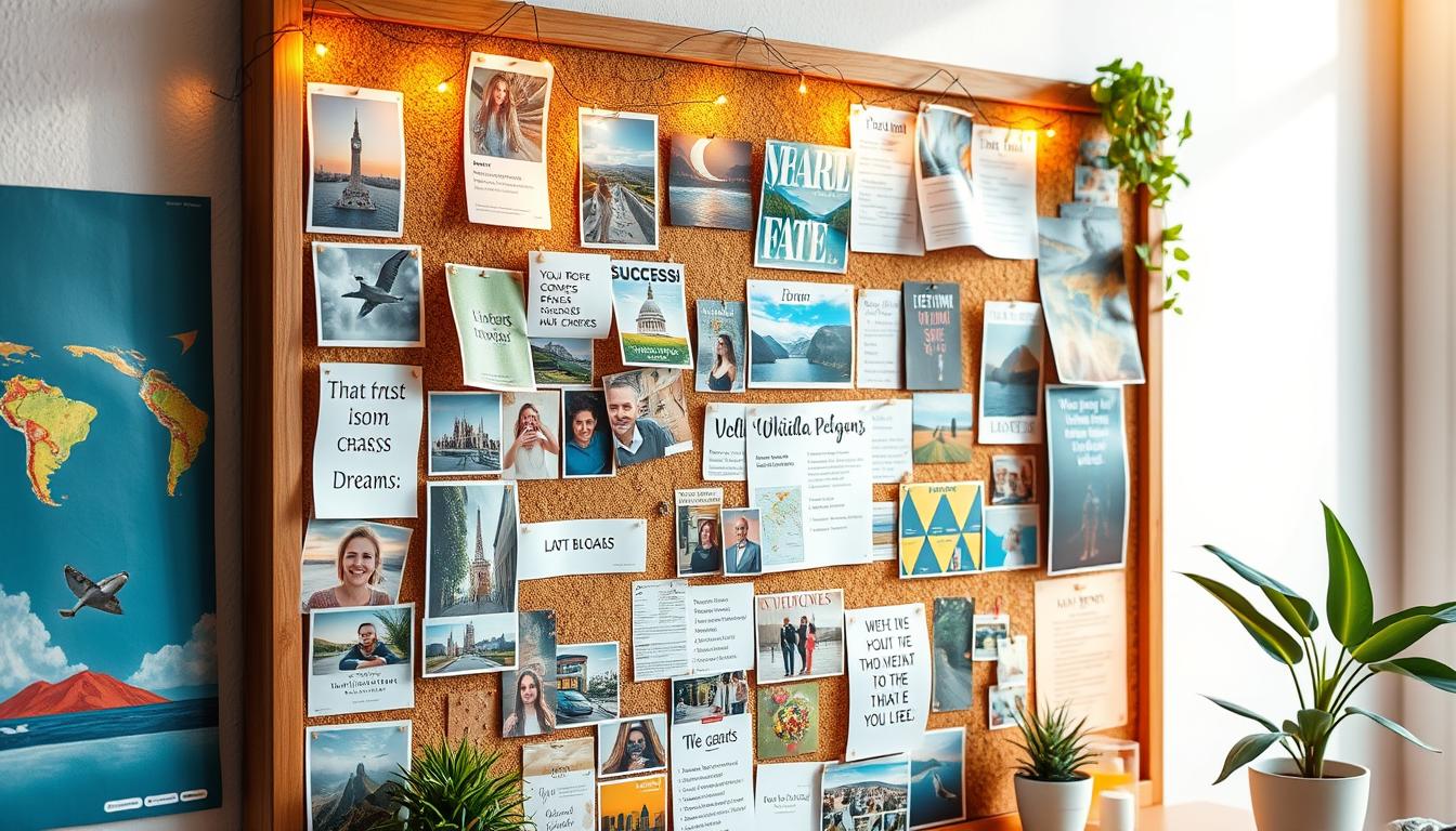 A vibrant and colorful vision board filled with photos, magazine clippings, and inspirational quotes, showcasing dreams and goals such as travel destinations, financial success, healthy lifestyle images, and personal growth symbols, arranged artistically on a corkboard with decorative elements like fairy lights and plant accents, bathed in warm, natural light.