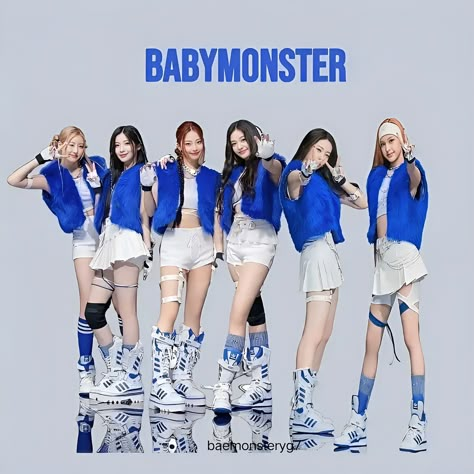 This contains an image of BABYMONSTER members on a blue jacket and white mini skirt 