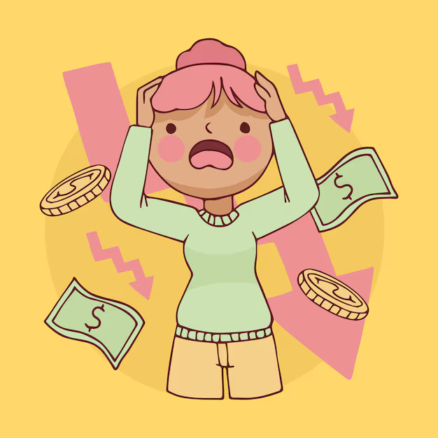 (caricature of a woman stressing over losing money)