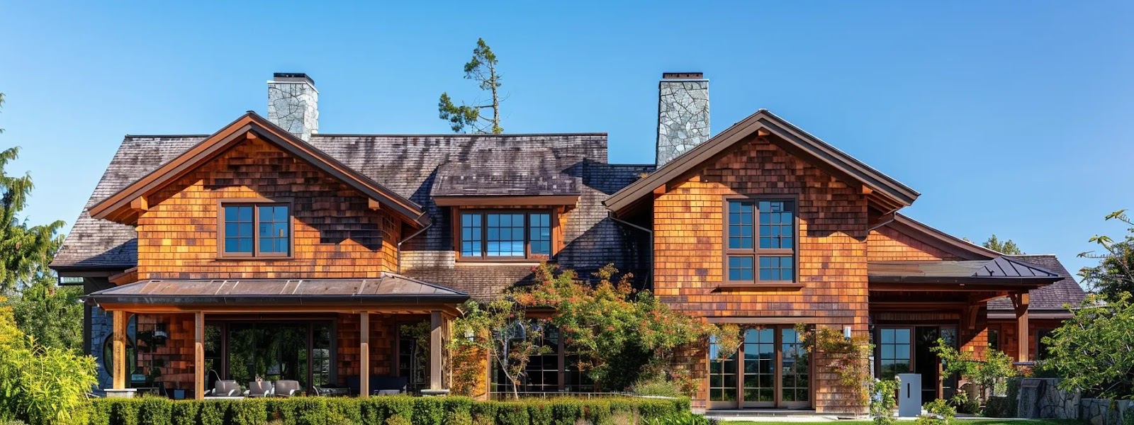 a stunning cedar shake roof gleaming in the warm sunlight, showcasing its timeless beauty and natural appeal against a clear blue sky.